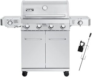 "Upgrade your outdoor cooking experience with Monument Grills' larger propane gas grill, featuring 4 burners and a rotisserie kit. Stainless steel construction ensures durability."