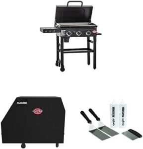 Sear to perfection with the Char-Griller 8428 Flat Iron 3 Burner Outdoor Gas Griddle BBQ Grill bundle, featuring a grill cover and griddle accessory kit. Perfect for outdoor cooking enthusiasts!
