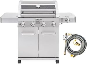 Here is the generated meta description:

"Upgrade your outdoor cooking experience with this Monument Grills 4-Burner Natural Gas Grill featuring stainless steel cabinet and conversion kit for propane use, perfect for any backyard BBQ."