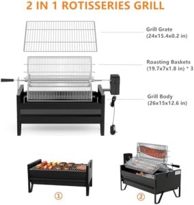 Here is the optimized SEO meta description:

"Transform your outdoor cooking experience with the Onlyfire 2 IN 1 Charcoal Grill Rotisserie Kit. Includes 3 stainless steel rotating baskets and a 24-inch grill grate, perfect for patio BBQs."
