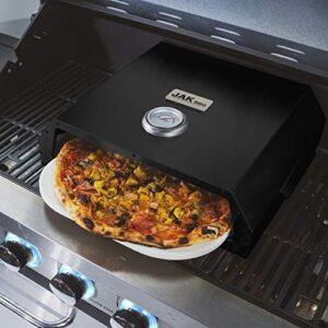Here is the generated SEO meta description:

"Cook up a perfect pizza anywhere with the JAK BBQ Pizza Oven Set, featuring a stainless steel top and stone cooking surface. Perfect for gas or charcoal grills, this portable oven brings gourmet pizzas to your garden and patio."