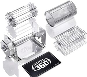 Turn your meal prep into a culinary masterpiece with this stainless steel rotisserie kit. Wind-up design for effortless cooking, complete with basket, cage, skewers, and mat for indoor & outdoor BBQ use. Get ready to savor the flavors! (147 characters)