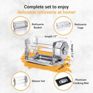 Turn your meal prep into a culinary masterpiece with this stainless steel rotisserie kit. Wind-up design for effortless cooking, complete with basket, cage, skewers, and mat for indoor & outdoor BBQ use. Get ready to savor the flavors! (147 characters)