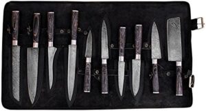 Get a sharp edge in the kitchen with this custom-made Damascus steel utility knife set. Includes 10 pieces and a round wood handle with pocket case for safe storage. Perfect for chefs on-the-go.