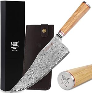 Masterfully crafted butcher knife for the perfect cut: 9-inch Japanese Damascus steel cleaver with razor-sharp blade and Italian olive wood handle, complete with leather sheath.