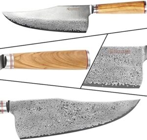 Masterfully crafted butcher knife for the perfect cut: 9-inch Japanese Damascus steel cleaver with razor-sharp blade and Italian olive wood handle, complete with leather sheath.