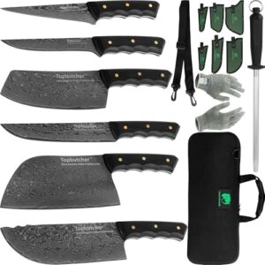 "Unlock a culinary edge with this premium chef butcher knife set. Features Japanese Damascus steel and a firm grip handle. Includes sheath, sharpening stick, and box for ultimate convenience."