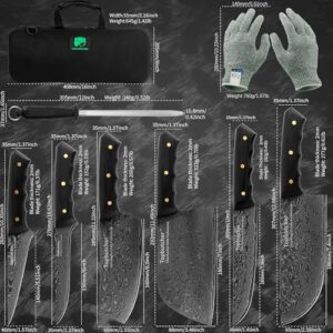 "Unlock a culinary edge with this premium chef butcher knife set. Features Japanese Damascus steel and a firm grip handle. Includes sheath, sharpening stick, and box for ultimate convenience."