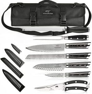 "Upgrade your kitchen with this 8-piece Damascus steel chef knife set featuring sharp blades, storage bag, blade guards, carving fork, and sharpener. Perfect for outdoor camping travel."