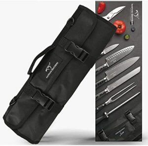 "Upgrade your kitchen with this 8-piece Damascus steel chef knife set featuring sharp blades, storage bag, blade guards, carving fork, and sharpener. Perfect for outdoor camping travel."