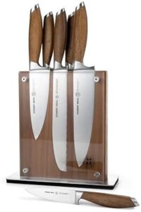 Discover the Schmidt Brothers Bonded Teak 7-Piece Knife Set, featuring high-carbon stainless steel cutlery and a midtown acacia acrylic magnetic knife block for effortless organization.