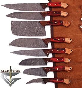Here is the optimized SEO meta description:

"Sharp and durable, this custom-made Damascus steel knife set features 8 utility chef knives with a chopper/cleaver and pocket case roll bag. Perfect for professionals and home cooks alike."