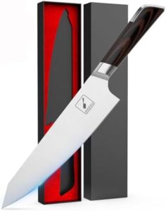 Experience the art of cooking with this Damascus chef knife, forged from powder steel for exceptional sharpness and durability. Perfect Mother's Day gift, dimensions 8" long, wood handle design.
