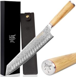 Discover the ultimate kitchen companion with our Kiritsuke Chef Knife, featuring Japanese Damascus steel for exceptional sharpness and an Italian olive wood handle with leather sheath. Perfect for slicing meat, beef, and BBQ delights.