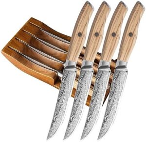 Here is the optimized SEO meta description:

"Sharpens your dining experience with this steak knives set of 4 featuring razor-sharp blades and ergonomic olive wood handles. Includes drawer organizer for easy storage, perfect for home chefs."