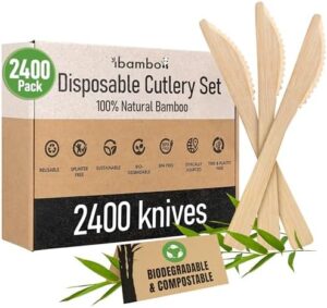 Elevate your outdoor experiences with this biodegradable cutlery set featuring 2400 bamboo knives. Perfect for weddings, camping, or parties - eco-friendly and compostable.