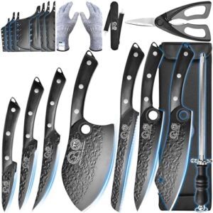 Here is the generated SEO meta description:

"Upgrade your kitchen with this professional black knife set featuring high-carbon steel forged blades, including chef's, cleaver, and carving knives. Includes carrying bag & blade covers for safe storage."