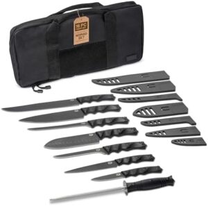"Enhance your cooking and camping experience with this 16-piece tactical chef knife set featuring high-carbon stainless steel blades, G10 handles, and protective sheaths. Perfect for professionals and outdoor enthusiasts, comes with a travel case."