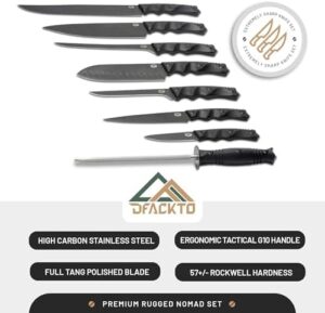 "Enhance your cooking and camping experience with this 16-piece tactical chef knife set featuring high-carbon stainless steel blades, G10 handles, and protective sheaths. Perfect for professionals and outdoor enthusiasts, comes with a travel case."