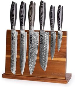 Discover the ultimate kitchen companion: our 6-piece knife set with razor-sharp blades and Pakka handle. Includes bonus stand for efficient storage and slicing, dicing, chopping of meat, veggies, and fruit.