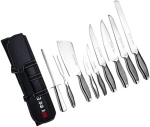 Discover the ultimate kitchen companion with this Japanese Chef's Knife Set, featuring 9 hand-sharpened stainless steel knives and a durable canvas case. Enjoy precision cooking with this premium set! (146 characters)