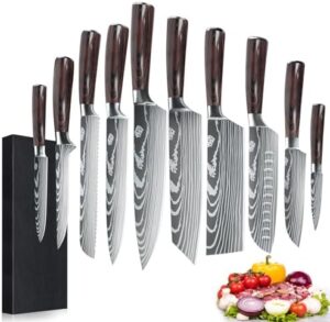 Discover the ultimate knife set for professional chefs, featuring 10 pieces of ultra-sharp 440A stainless steel knives in a compact boxed set.