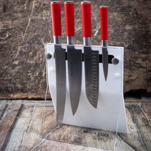 Discover the Red Spirit Knife Set, a 4-piece kitchen essential featuring ultra-sharp stainless steel blades and a durable white block. Perfect for any home cook or chef on-the-go!