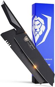Discover the ultimate Kiritsuke knife, featuring high-carbon steel, black titanium nitride coating, and a vacuum-treated blade. Includes a sheath for safe storage. NSF certified for your peace of mind.