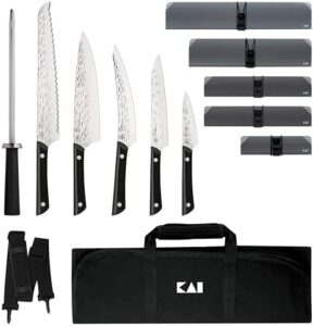 "Elevate your cooking experience with the PRO 7 Piece Culinary Knife Set, featuring a chef's knife, paring knife, utility knife, boning & fillet knife, bread knife, honing steel, and blade guards. Perfect for home chefs."