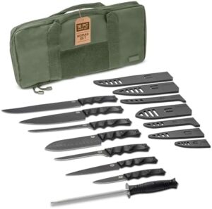 Here is the generated SEO meta description:

"Upgrade your cooking and camping experience with this 16-piece rugged chef knife set featuring high-carbon stainless steel blades, G10 handles and protective sheaths. Ideal for professional cutlery."