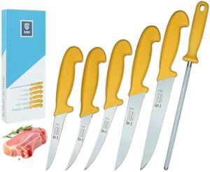 Discover the precision of Solingen, Germany's renowned butcher knife set for professional chefs and home cooks alike. Includes 6 knives, boning knife, and sharpening steel rod for effortless meat cutting.