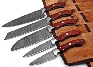 Here is the optimized SEO meta description:

"Upgrade your kitchen with this handmade Damascus Steel Blade 5-piece knife set, featuring professional chef knives and a leather case. Ideal for home cooks and chefs."