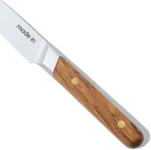 Discover the perfect blending of French craftsmanship and olive wood charm with this 4" paring knife, featuring a full tang design for exceptional balance and durability. Enhance your cooking experience with precision and elegance!