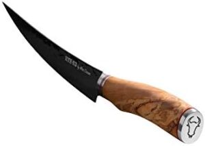 Get the perfect cut with ROUTE83 Knives' high-quality boning knife, featuring Italian olive wood handle and Moe Cason XL design for precise slicing and serving.