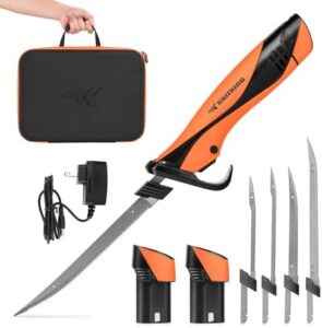 Discover the Speed Demon Pro Lithium-ion Electric Fillet Knife - Cordless Rechargeable Fishing Knife with 4 Blades, High Torque Motor, Extended Battery Life and Ergonomic Handle, perfect for any fishing adventure.