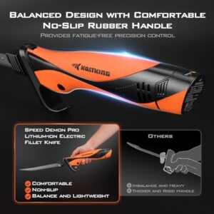 Discover the Speed Demon Pro Lithium-ion Electric Fillet Knife - Cordless Rechargeable Fishing Knife with 4 Blades, High Torque Motor, Extended Battery Life and Ergonomic Handle, perfect for any fishing adventure.