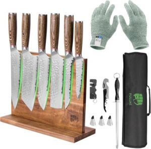 Discover a premium Japanese stainless steel kitchen knife set, complete with magnetic holder and knife roll. Upgrade your cooking experience with precision-cutting blades and storage convenience.