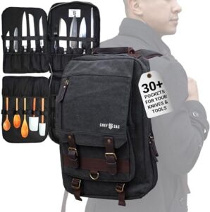 "Organize your kitchen tools with the Retro Backpack, featuring over 20 slots for knives and tools. Includes sturdy knife bags for chefs and culinary professionals."
