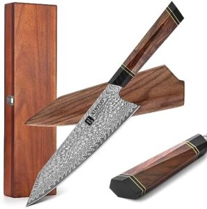 Discover the art of precise cutting with this 8.5" Japanese Kiritskue Chef Knife, featuring Damascus steel and a comfortable Desert Ironwood handle. Includes walnut magnetic sheath and acacia wood box. Perfect for pros and home cooks alike!