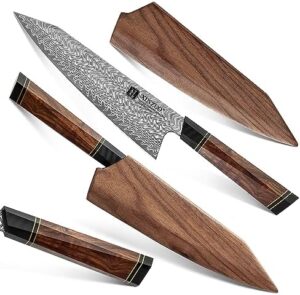 Discover the art of precise cutting with this 8.5" Japanese Kiritskue Chef Knife, featuring Damascus steel and a comfortable Desert Ironwood handle. Includes walnut magnetic sheath and acacia wood box. Perfect for pros and home cooks alike!