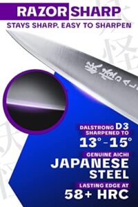 Discover the Phantom Series Chef Knife, crafted with Japanese high-carbon AUS8 steel and featuring a durable white G10 handle. Includes sheath for secure storage.