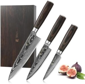 "Upgrade your kitchen with this 3-piece professional chef knife set crafted from 67 layers of genuine Damascus steel and featuring a VG10 core, perfect for any culinary enthusiast. Includes wooden gift box."