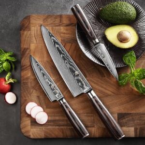 "Upgrade your kitchen with this 3-piece professional chef knife set crafted from 67 layers of genuine Damascus steel and featuring a VG10 core, perfect for any culinary enthusiast. Includes wooden gift box."