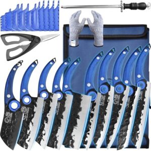Unlock the precision and versatility of your kitchen with this Professional Kitchen Knife Set, featuring high-carbon steel forged blades, 6-piece set including chef's knife, cleaver, carving knife, nakiri, and poultry scissors, plus a carrying bag.
