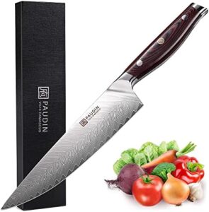 "Experience unparalleled cutting performance with the Damascus Chef Knife's high-carbon 67-layer VG10 stainless steel blade, paired with an ergonomic G10 handle. Sharp and durable for kitchens and restaurants."