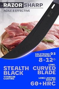 Here is the generated meta description:

"Upgrade your outdoor cooking experience with this 10-inch Delta Wolf Series butcher knife featuring a zero-friction blade, durable HC steel and black titanium nitride coating. Perfect for breaking down meat or cutting kindling."