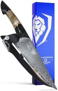Elevate your cooking game with the Scorpion Series 8" chef knife featuring Japanese steel and a spiral sandstorm blade pattern. Includes a black honeycomb resin handle and leather sheath. Perfect for professional chefs.