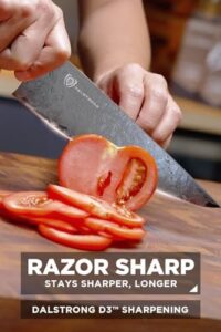 Elevate your cooking game with the Scorpion Series 8" chef knife featuring Japanese steel and a spiral sandstorm blade pattern. Includes a black honeycomb resin handle and leather sheath. Perfect for professional chefs.