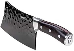 Cut through meat prep tasks with ROUT83 KNIVES By MOE CASON's expertly crafted Meat Cleaver, featuring a durable ebony wood handle and sharp blade design for effortless chopping.