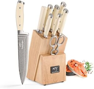 Elevate your cooking experience with the Damascus Kitchen Knife Set, 9 pieces including block, white ABS triple rivet ergonomic handle for chef knives, sharpener and shears, perfect for professional or home use.